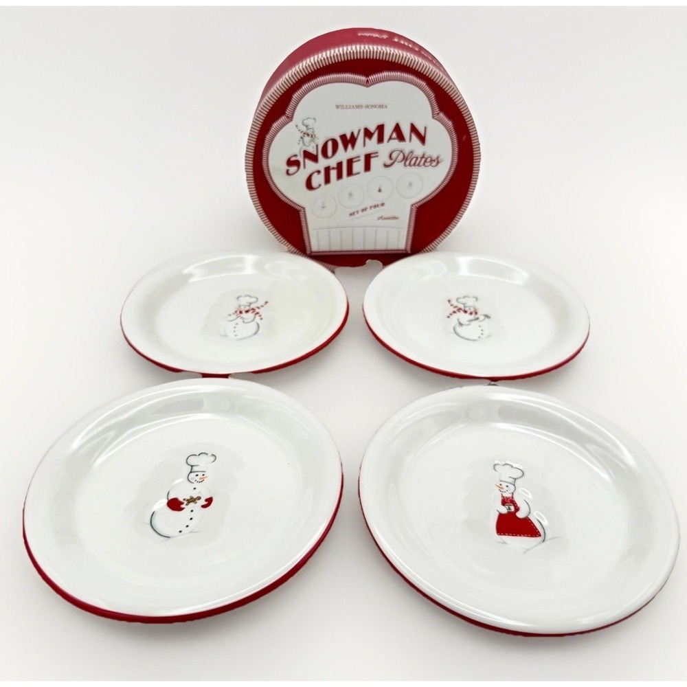 Williams-Sonoma Snowman Chef Plates Set of 4 w/ Box 2007 Earthenware